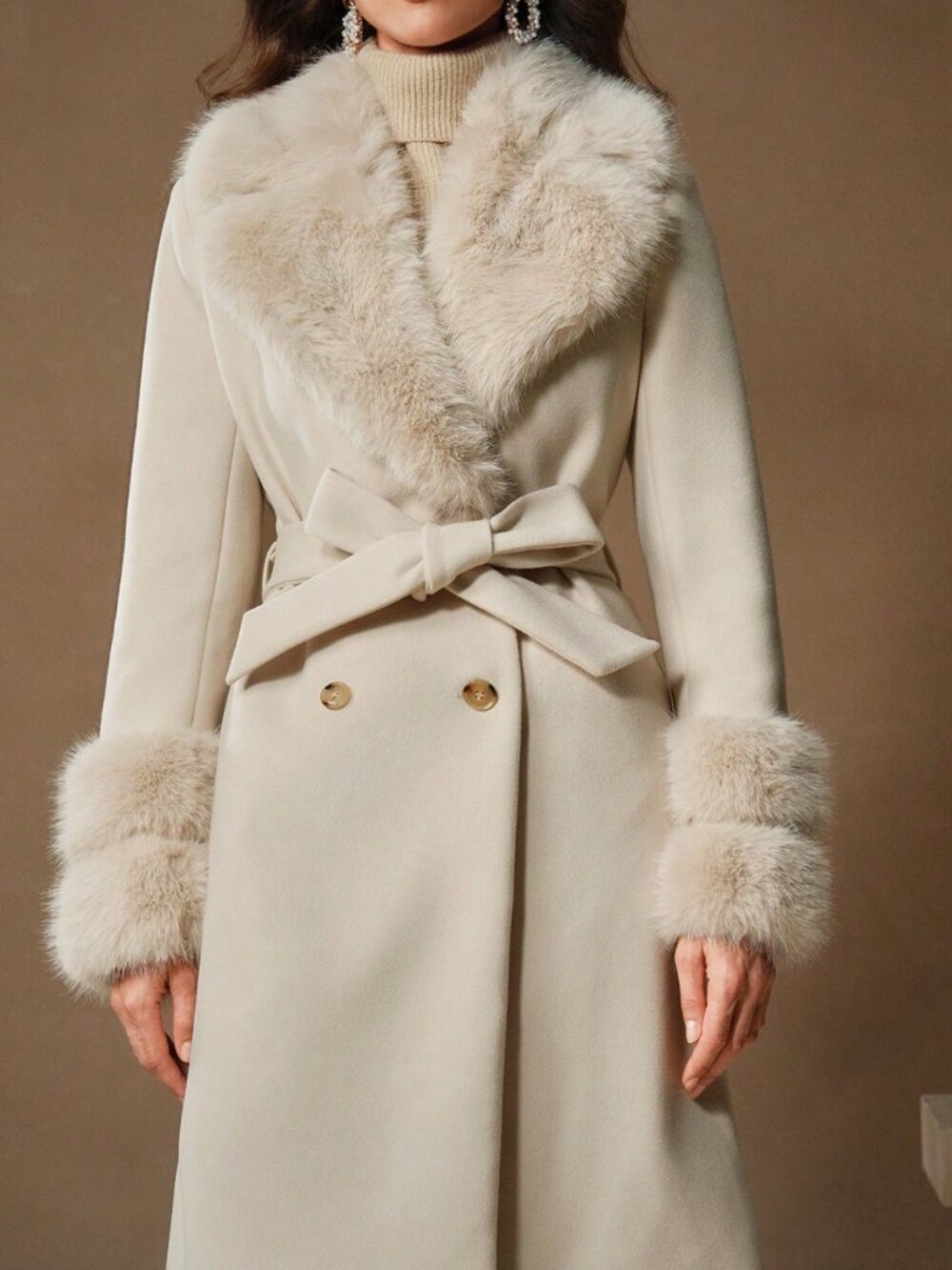 Beige Elegant Women's Fluffy Collar Thick Warm Long Belted Knitted Coat - Picture 5 of 8
